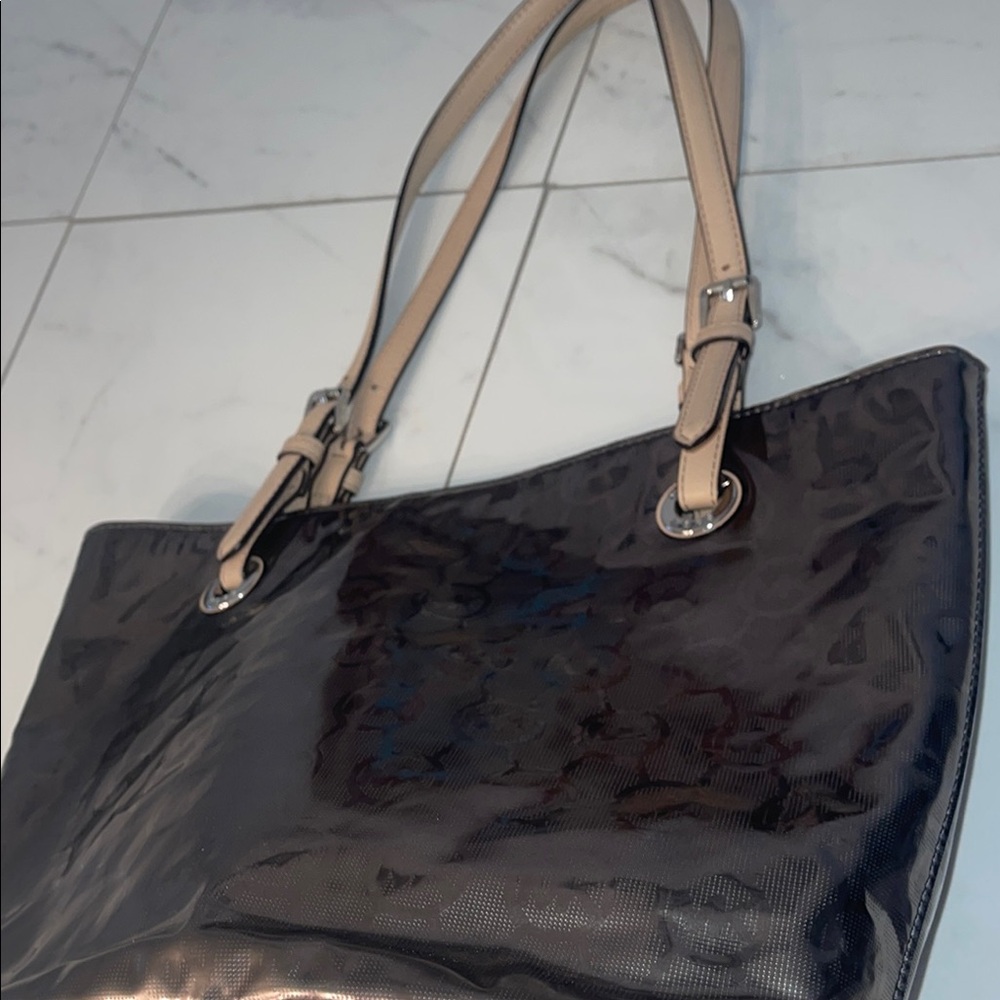 Michael Kors Black Patent Tote with Tan Straps